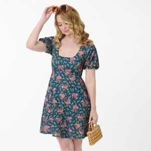 Unique Vintage Blue Summer Sloth Print Fit & Flare Dress